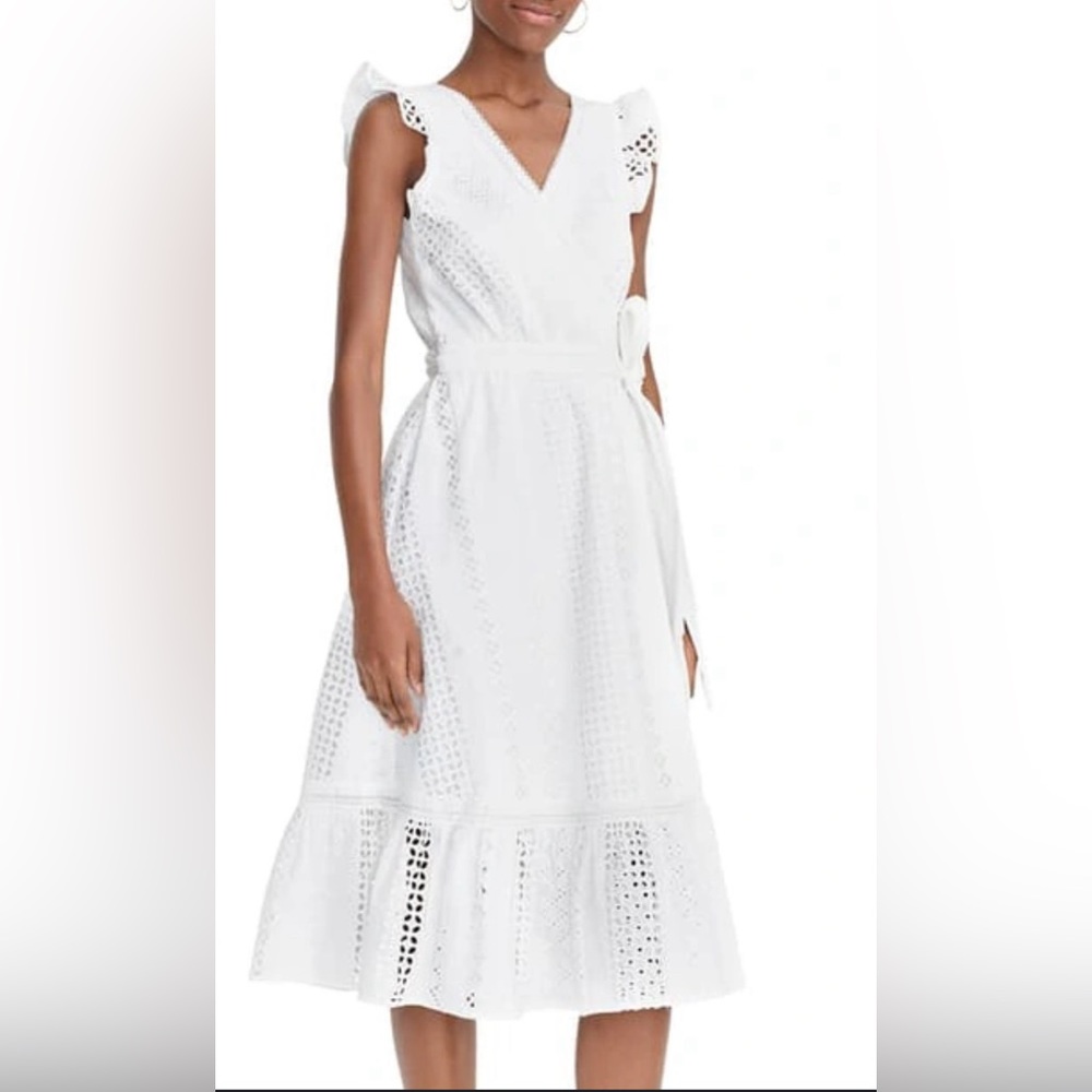 J.Crew All Over Eyelet Wrap Ruffle Cap Sleeves Midi Dress White Size 8 Tall